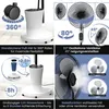 A collage of images showcasing the features of a fan, including its base with wheels, water tank, oscillation, and misting function. Produktbild-Vorschau