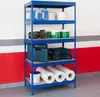 A blue metal shelving unit filled with various items like buckets, tools, and rolls of material, set against a wall with red and gray stripes. Anteprima dell’immagine prodotto