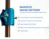 A blue magnetic water softener attached to a copper pipe, with text listing its benefits. Podgląd zdjęcia produktu