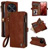 A collage of images showcasing a brown leather wallet-style phone case with multiple views and compartments. Produktbild-Vorschau