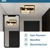 A modern geometric LED ceiling light is shown in a hallway, with a smartphone displaying a similar light in augmented reality. Produktbild-Vorschau