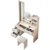 A white vanity set with drawers, shelves, a mirror with LED lights, and a stool. Produktbild-Vorschau