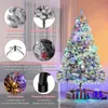 A decorated artificial Christmas tree with LED lights and presents underneath, surrounded by informational graphics about its features. Voir les images du produit