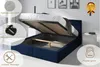 A blue upholstered bed frame with the mattress and slatted base lifted to reveal storage space underneath. Several informational overlays are present. Produktbild-Vorschau
