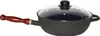 A black frying pan with a wooden handle and a glass lid is shown against a white background. Produktbild-Vorschau