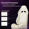 A graphic displaying a white foam car seat, accompanied by text and diagrams highlighting its features and foam elasticity. Podgląd zdjęcia produktu
