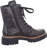A side view of a single brown leopard print boot with black laces and a black sole. Voir les images du produit