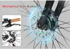 Close-up of a bicycle's mechanical disc brake system, with inset images of the handlebar brake lever and the rear disc brake. Produktbild-Vorschau