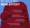 A close-up of a red beanbag chair with text overlays highlighting its features. Produktbild-Vorschau