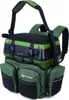 A green and black fishing backpack with multiple compartments and a cooler box on top. Produktbild-Vorschau