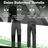 Marketing image showcasing the features of Safetytex work pants with illustrations and text. Produktbild-Vorschau