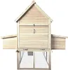 A front view of a wooden chicken coop with attached runs on either side, set against a white background. Produktbild-Vorschau