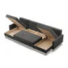 A dark gray sectional sofa with its storage compartments open, revealing the wooden interior. Produktbild-Vorschau