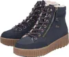 A pair of navy blue winter boots with brown soles and laces, lined with faux fur. Voir les images du produit
