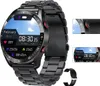 A black smartwatch with a metal band is displayed, along with close-up shots of its screen and a separate silicone band. Produktbild-Vorschau