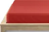 A close-up view of a red fitted sheet on a wooden bed frame. Produktbild-Vorschau
