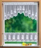 A window with white lace curtains and a blurred green background. Produktbild-Vorschau