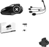 A product shot of a motorcycle intercom system and its accessories, presented on a white background. Produktbild-Vorschau