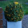 A round bush decorated with warm white LED lights in a square concrete planter. Produktbild-Vorschau