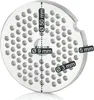A close-up, overhead view of a round metal disc with many small holes, used as a grinder plate. Dimensions are indicated with text and lines. Produktbild-Vorschau