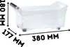 A transparent plastic storage box with handles and wheels, with dimensions indicated. Náhled obrázku produktu