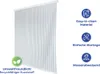 A white shower curtain with vertical lines, displayed on a white background with feature icons and text on the right side. Podgląd zdjęcia produktu