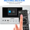 A hand is shown holding a remote control in front of a Medion audio system with a screen displaying 'DAB radio'. Produktbild-Vorschau
