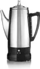 A stainless steel coffee percolator with a black base and handle, shown against a white background. Anteprima dell’immagine prodotto