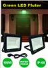 Two LED floodlights are shown in front of a building entrance, with green light illuminating the facade. Produktbild-Vorschau
