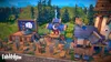 A whimsical, stylized village scene with a stage, a caravan, and a building, set against a backdrop of rolling hills and trees. Produktbild-Vorschau