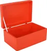 An open red wooden box with a white ribbon attached to the inside of the lid. Produktbild-Vorschau