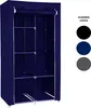 A navy blue fabric storage cabinet with shelves and a hanging rod, shown against a white background. Color swatches for black, dark blue, and gray are displayed to the right. Náhled obrázku produktu