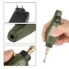 A collage of images showing a mini electric drill and its accessories, including a power adapter and close-ups of the drill's features. Náhled obrázku produktu