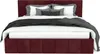 A burgundy upholstered bed with white and gray bedding and a black and white striped throw blanket. Produktbild-Vorschau