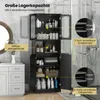 A black bathroom cabinet with various toiletries and towels displayed on its shelves, with annotations highlighting storage capacity and adjustable shelves. Náhľad obrázku produktu