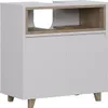A white and wood-colored bathroom vanity cabinet with two doors and an open shelf above. Náhled obrázku produktu