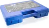 A blue plastic case containing a tool set, with a label on top showing product information. Produktbild-Vorschau