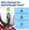A spiral dough hook attached to a stand mixer, with text explaining its benefits. Produktbild-Vorschau