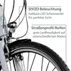 Close-up of a bicycle's front wheel, fender, and headlight, with text overlays describing features. Produktbild-Vorschau