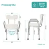 Diagrams showing the dimensions and maximum load capacity of a shower stool. Produktbild-Vorschau