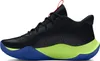 A side view of a single black basketball shoe with a lime green sole and blue accents. Produktbild-Vorschau