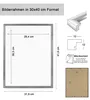 Diagram showing the dimensions of a picture frame, with additional details about the frame's profile and a note about removing protective film. Produktbild-Vorschau