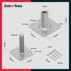 Technical drawing with dimensions of metal post bases and screws. Produktbild-Vorschau