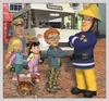 A group of cartoon characters, including a firefighter, children, and a cat, stand in front of a white van. Anteprima dell’immagine prodotto