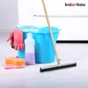Cleaning supplies including a bucket, gloves, cleaning fluid, sponge, and a floor squeegee are arranged on a light-colored floor. Náhled obrázku produktu