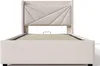 A front view of a beige upholstered bed frame with a slatted mattress support. Produktbild-Vorschau