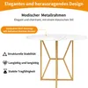 A round table with a marble-like top and gold metal legs, with text overlays describing its features. Voir les images du produit