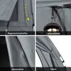A collage of four close-up images showing different features of a tent or camping shelter. Produktbild-Vorschau
