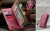 A pink leather wallet phone case is shown open, displaying card slots and a zippered compartment. A close-up inset shows the zipper detail, and a separate image shows the case closed with a wrist strap. Text overlays highlight features. Produktbild-Vorschau
