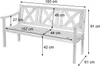 A wooden garden bench with dimensions indicated by measurement lines and text. Produktbild-Vorschau